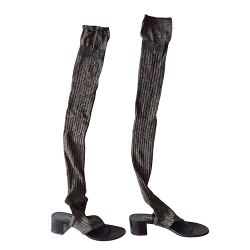 Chanel Black Gold Shimmer Thigh High Heel Sock Sandals - 36EU / 3UK / 5US