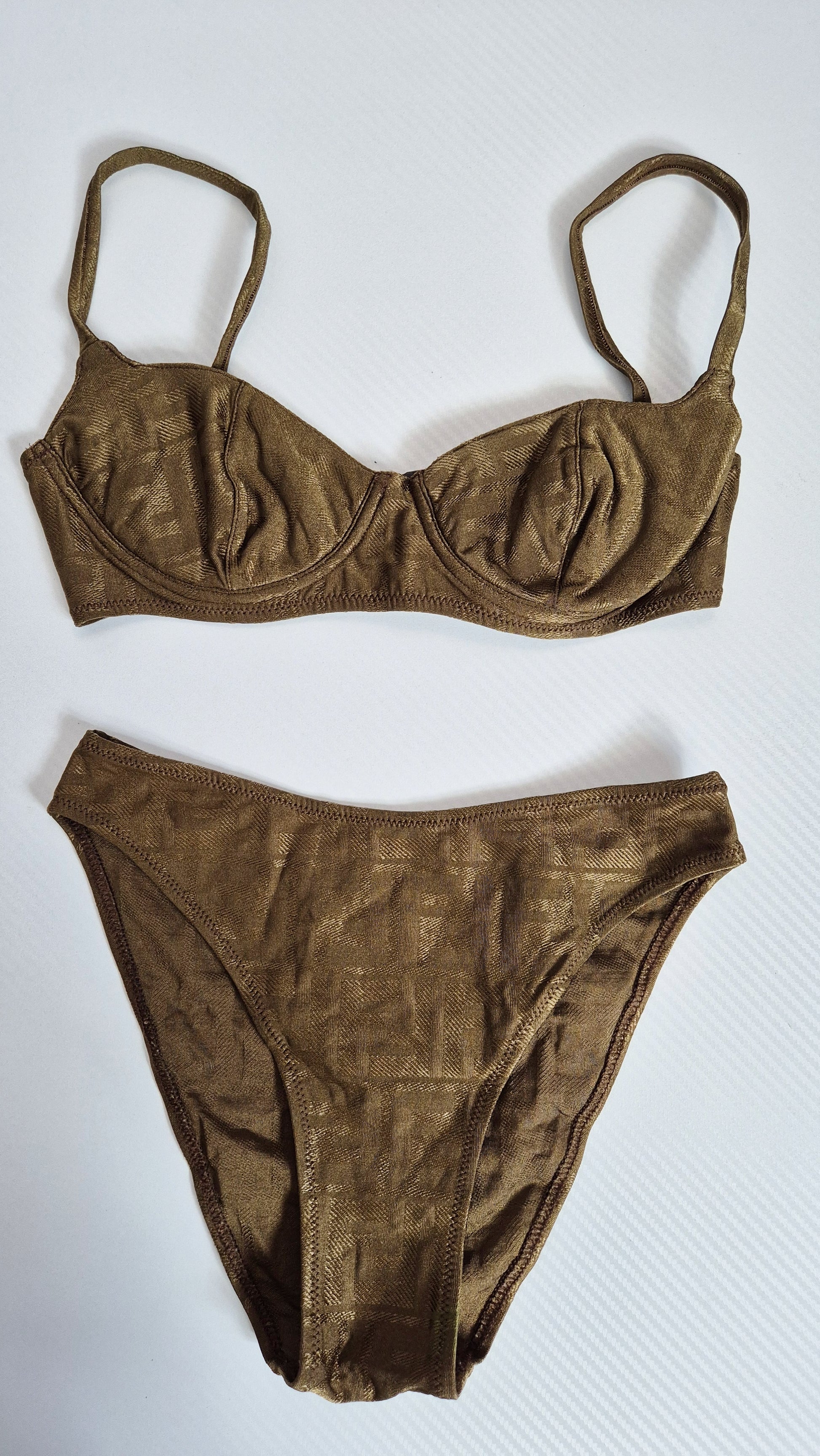 Fendi Khaki Gold Shimmer FF Zucca Print Bikini - XS / 6UK
