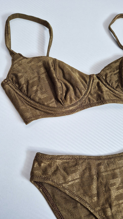Fendi Khaki Gold Shimmer FF Zucca Print Bikini - XS / 6UK