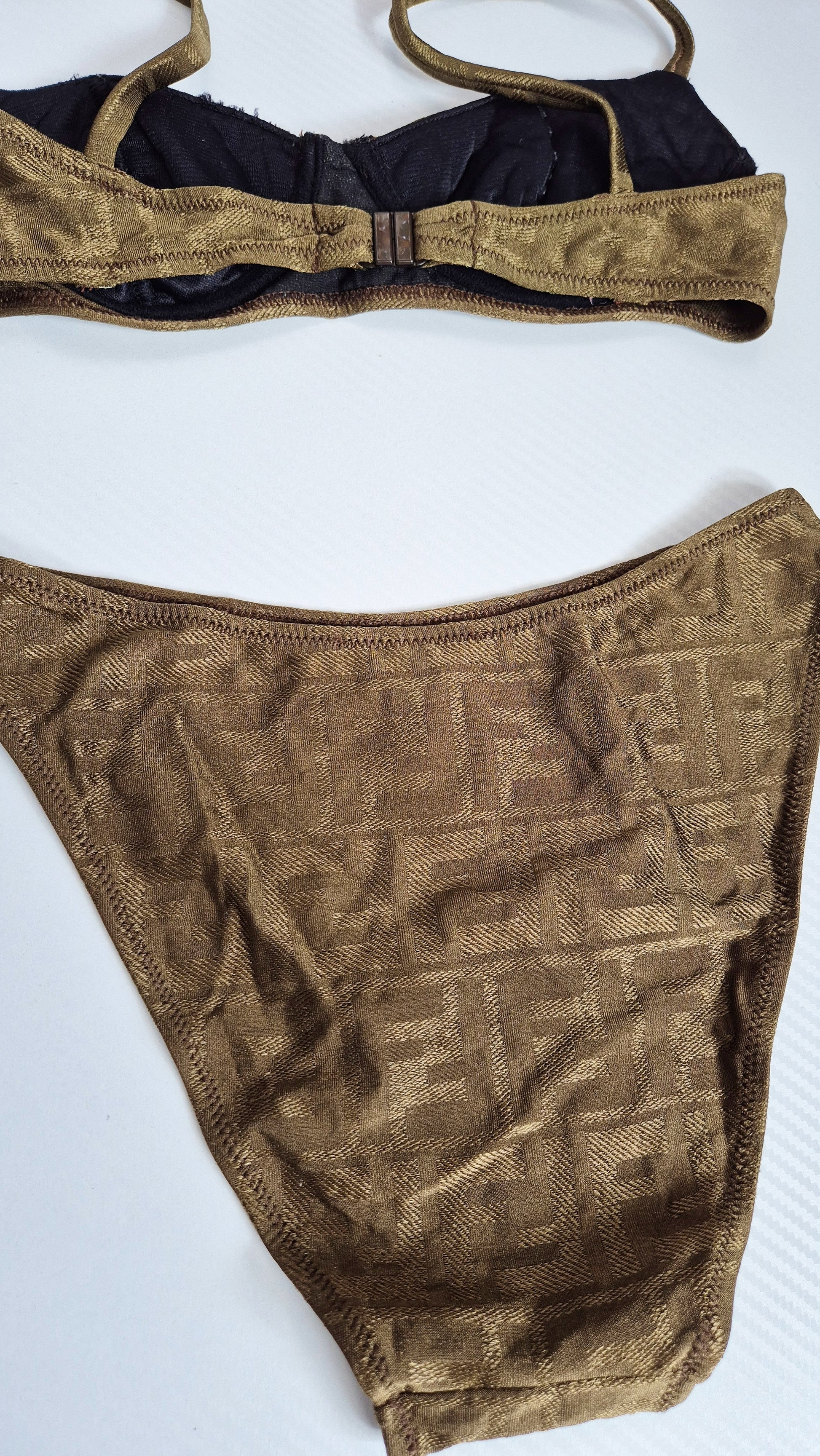 Fendi Khaki Gold Shimmer FF Zucca Print Bikini - XS / 6UK