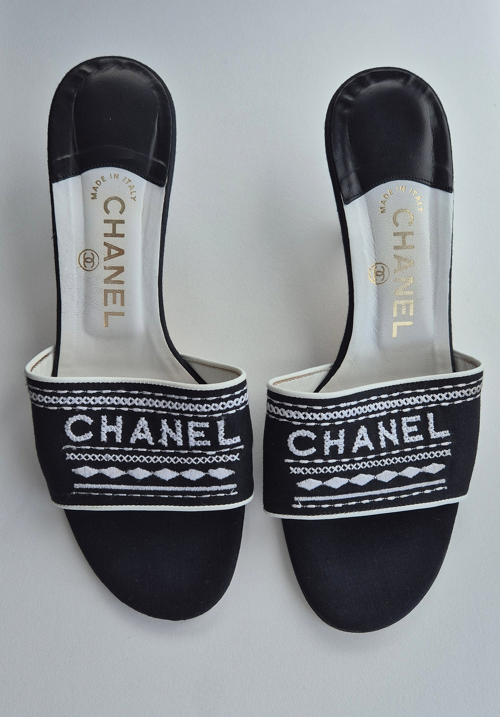 Chanel Black White Spellout Canvas Heel Sandals - 38.5EU / 5 5UK / 7.5US