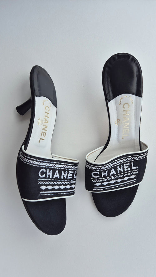 Chanel Black White Spellout Canvas Heel Sandals - 38.5EU / 5 5UK / 7.5US