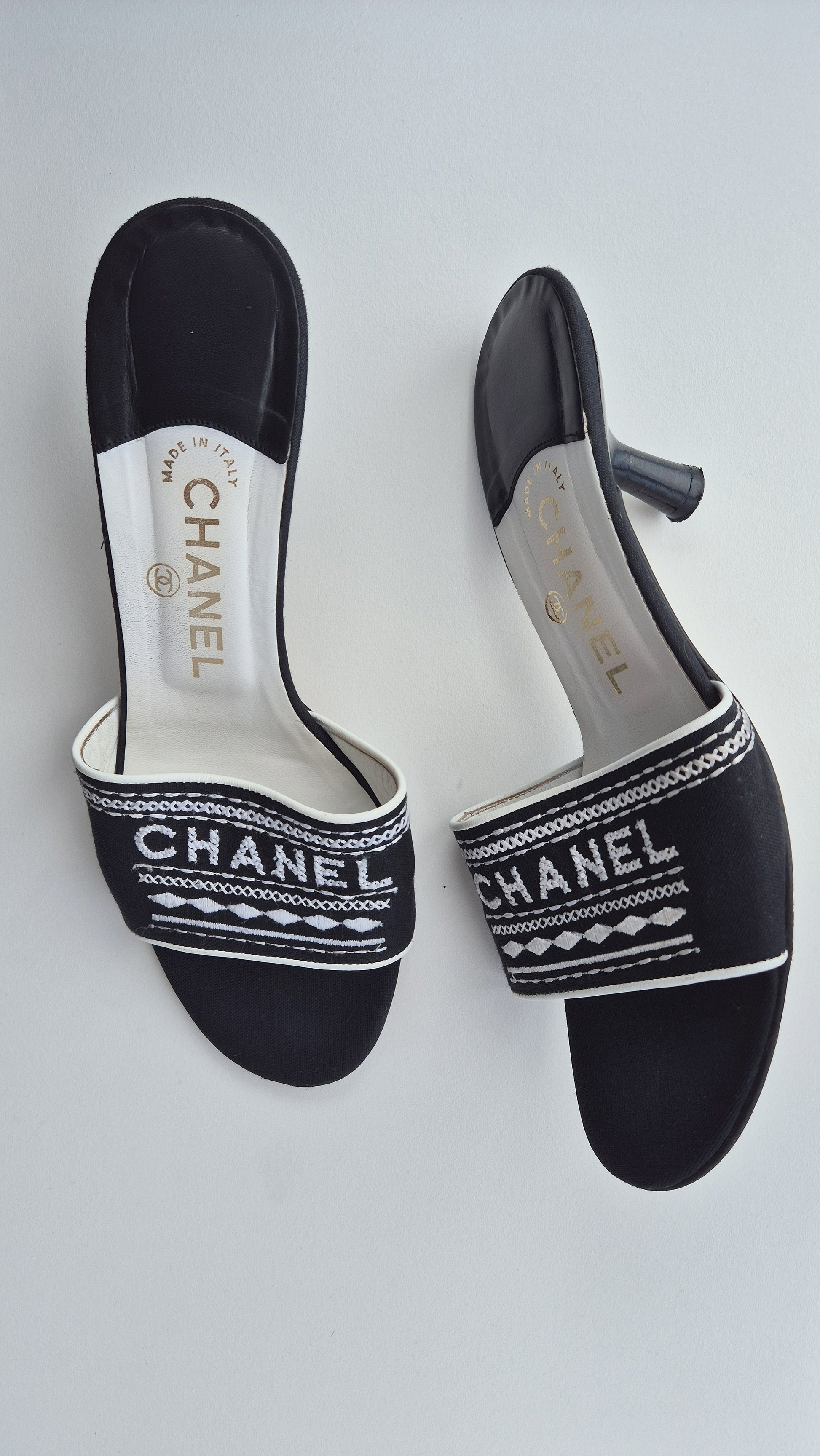 Chanel Black White Spellout Canvas Heel Sandals - 38.5EU / 5 5UK / 7.5US