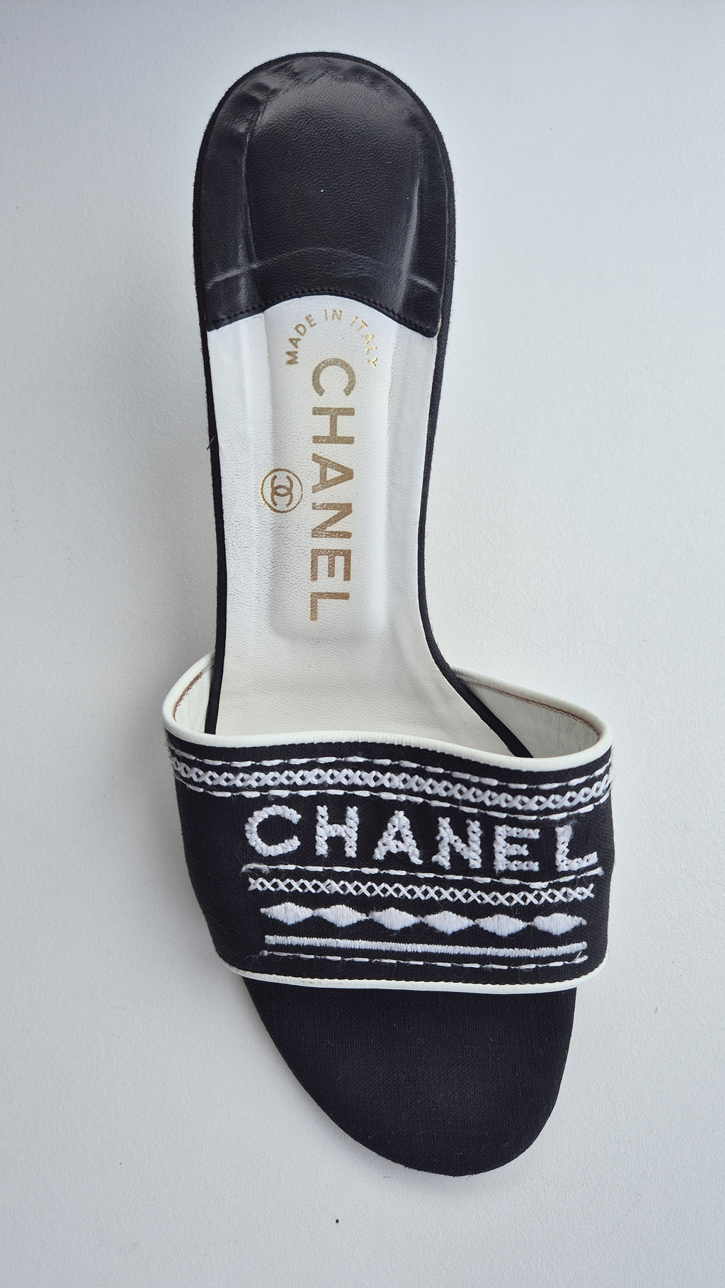 Chanel Black White Spellout Canvas Heel Sandals - 38.5EU / 5 5UK / 7.5US