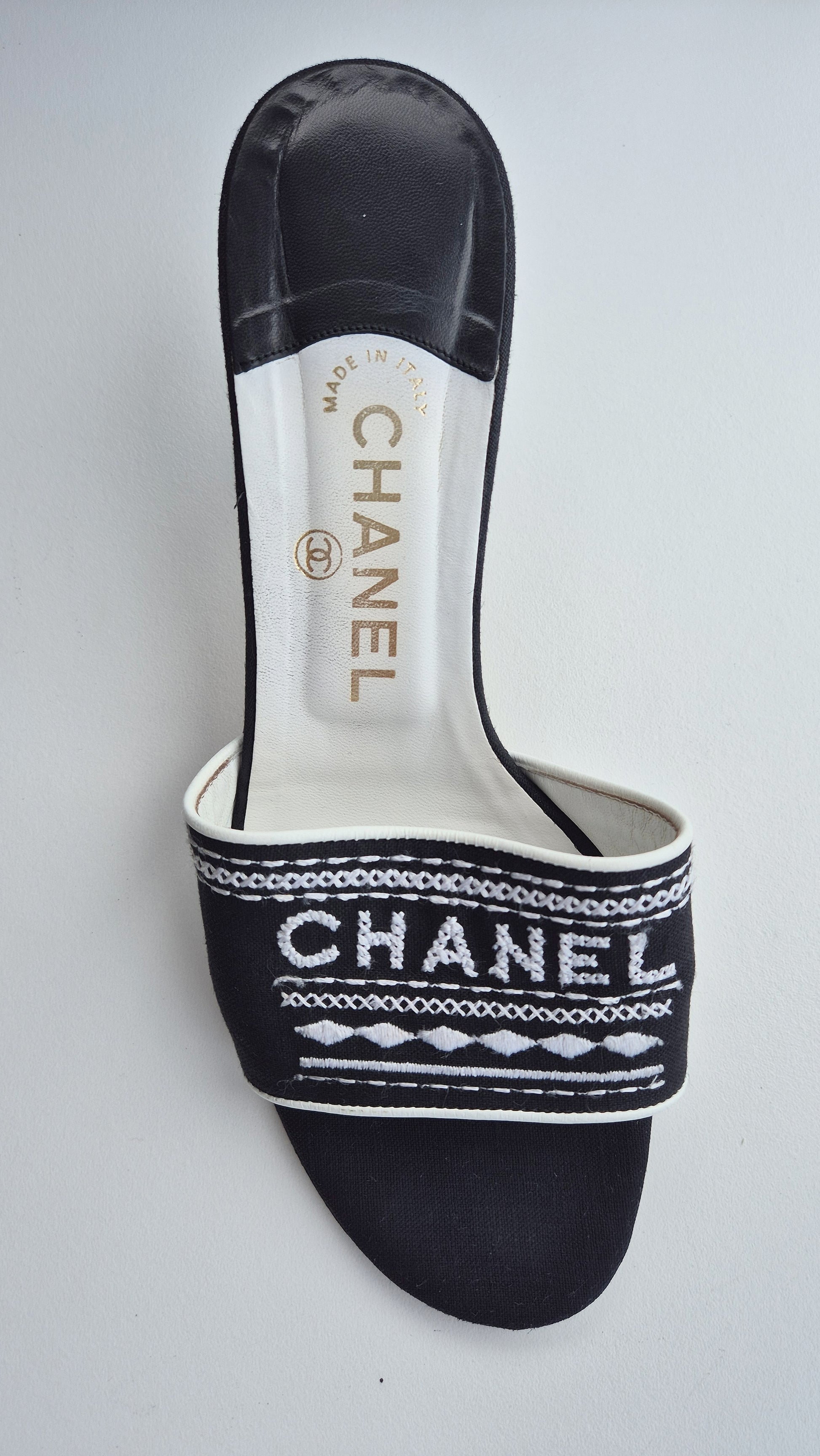 Chanel Black White Spellout Canvas Heel Sandals - 38.5EU / 5 5UK / 7.5US