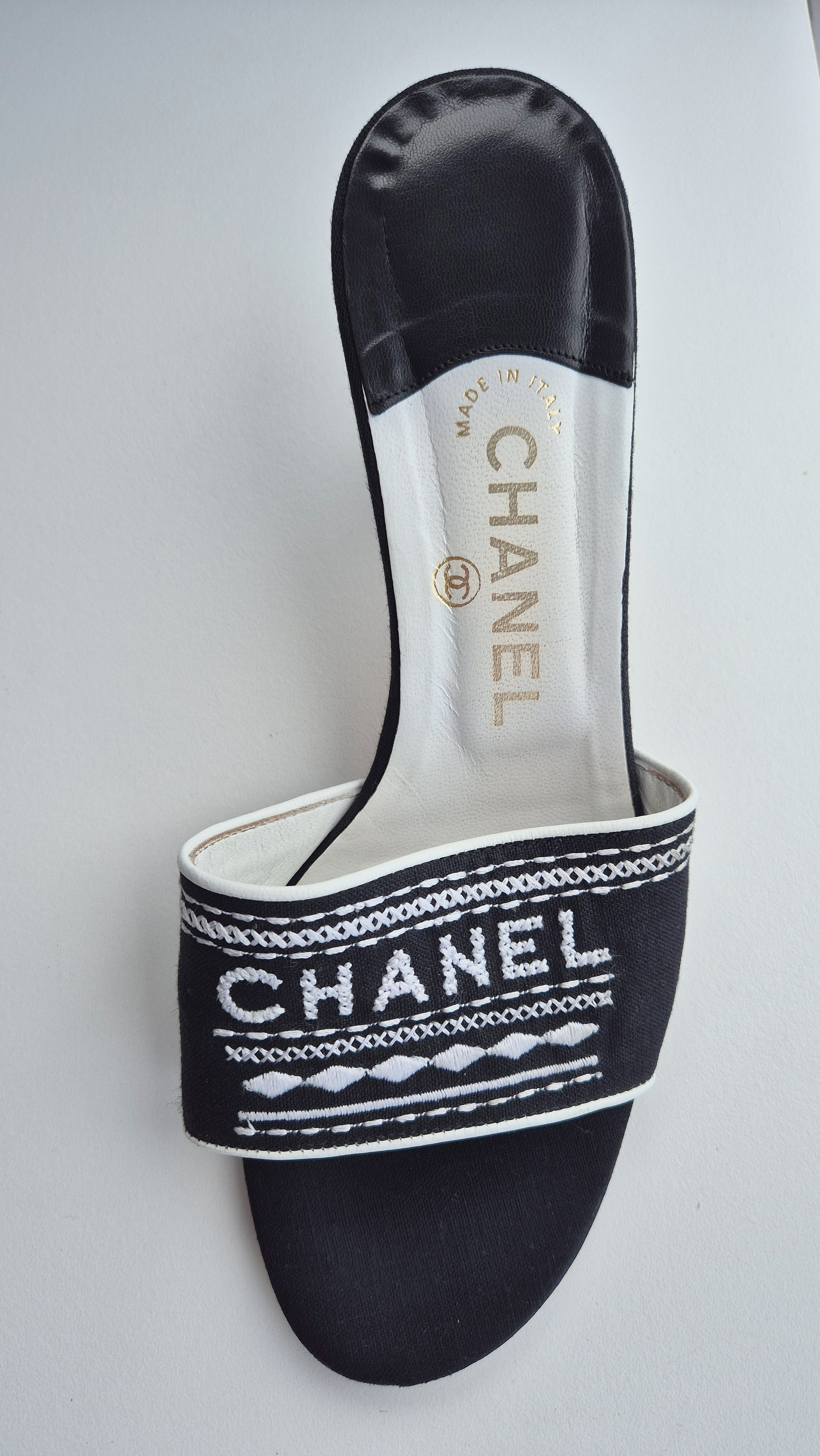 Chanel Black White Spellout Canvas Heel Sandals - 38.5EU / 5 5UK / 7.5US