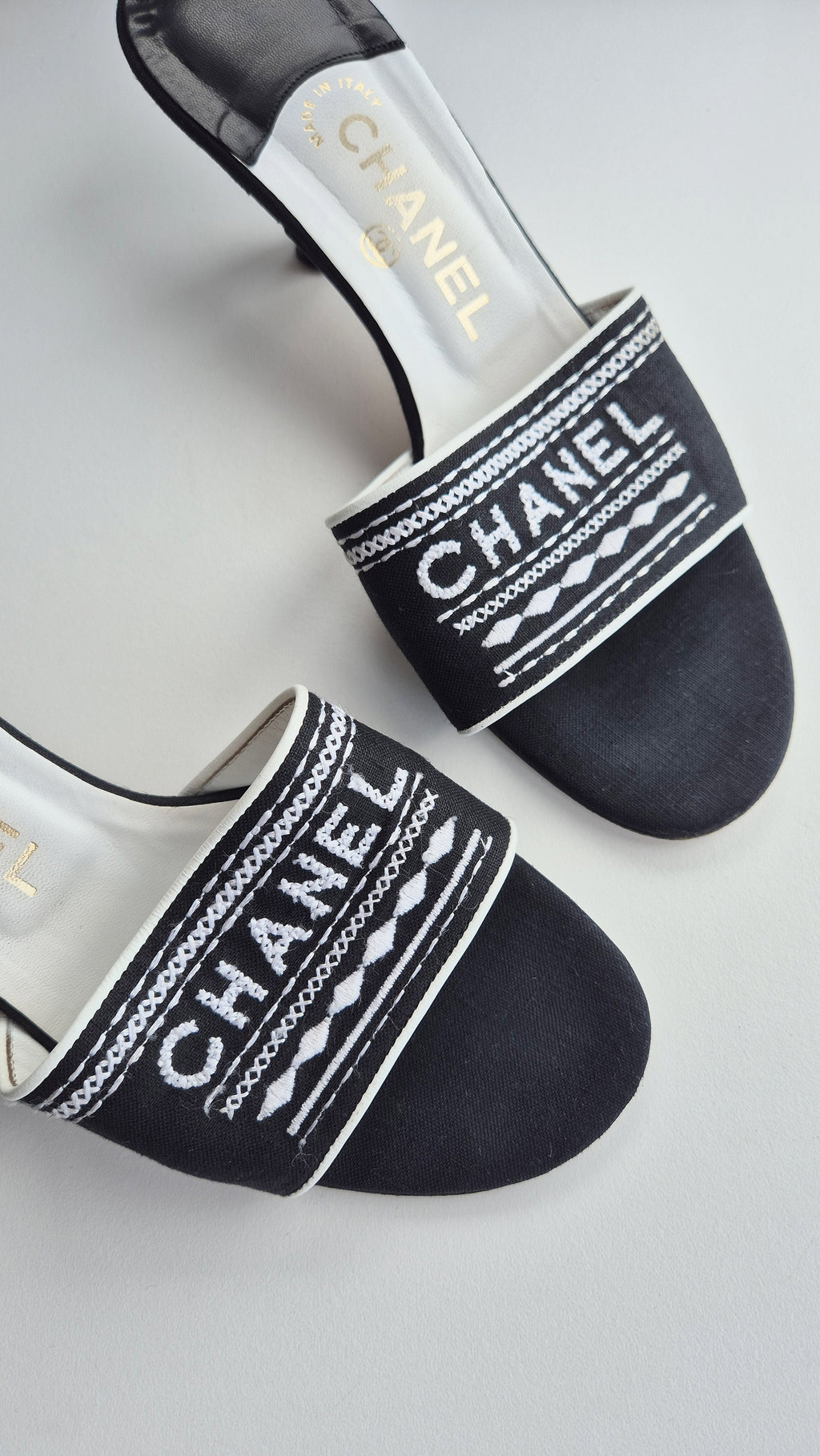 Chanel Black White Spellout Canvas Heel Sandals - 38.5EU / 5 5UK / 7.5US