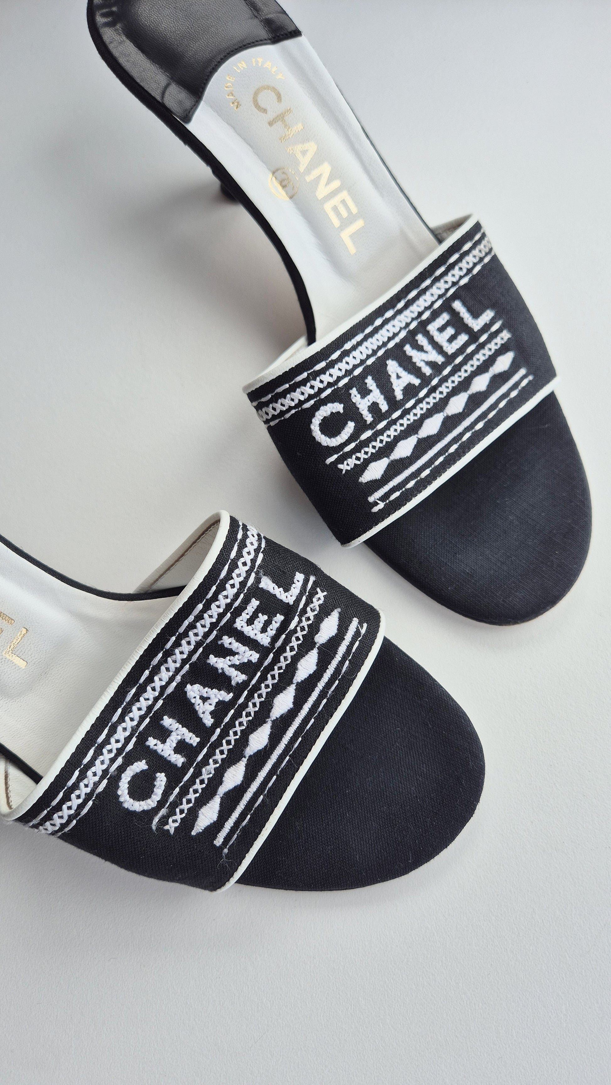 Chanel Black White Spellout Canvas Heel Sandals - 38.5EU / 5 5UK / 7.5US