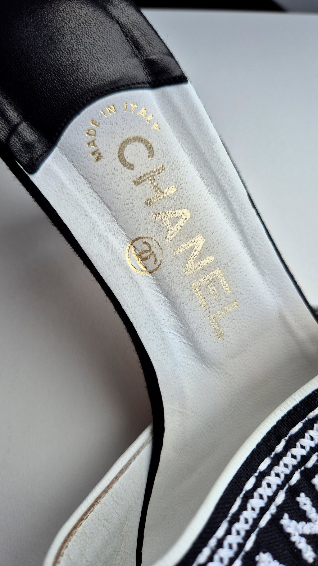 Chanel Black White Spellout Canvas Heel Sandals - 38.5EU / 5 5UK / 7.5US