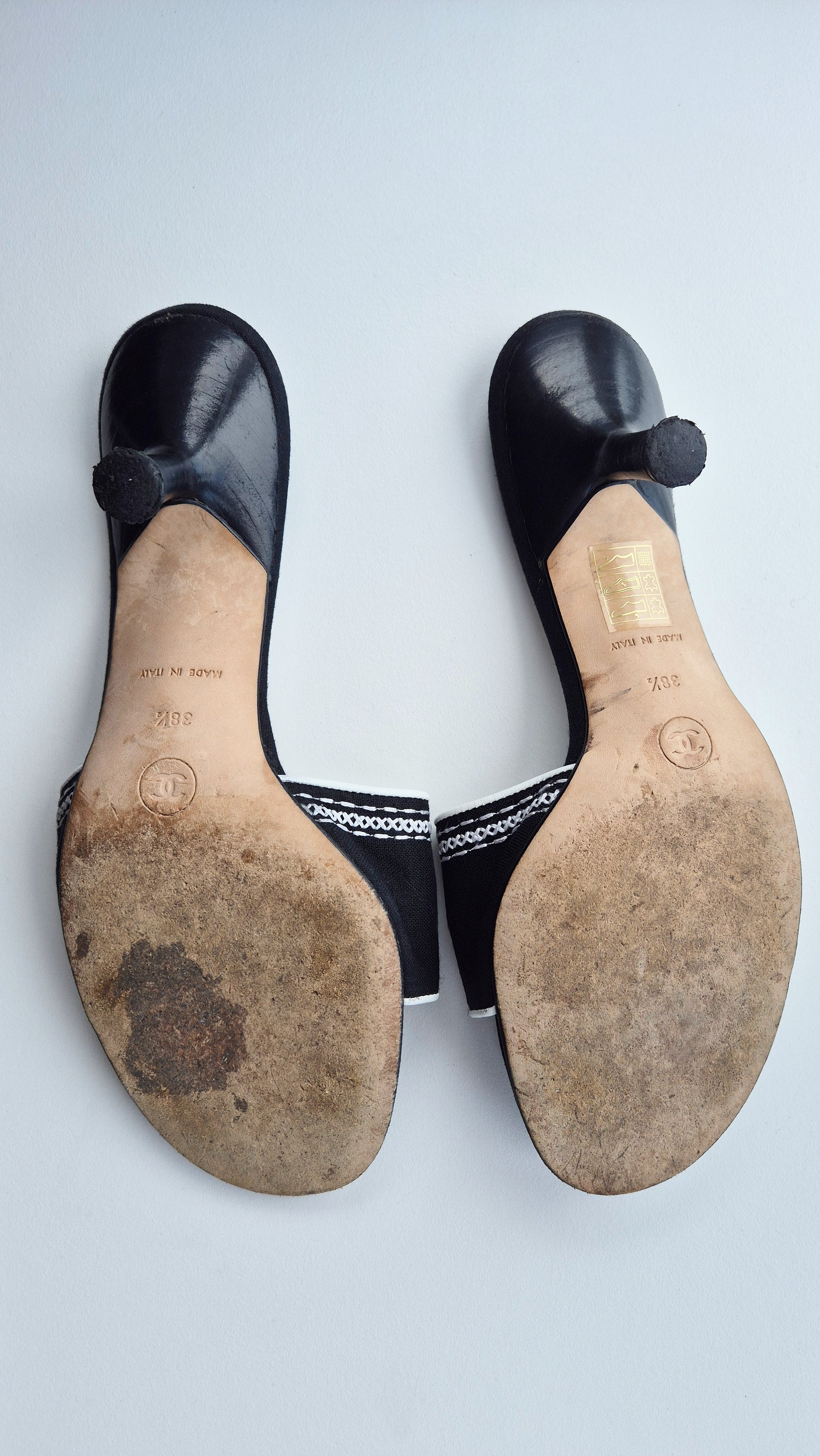 Chanel Black White Spellout Canvas Heel Sandals - 38.5EU / 5 5UK / 7.5US