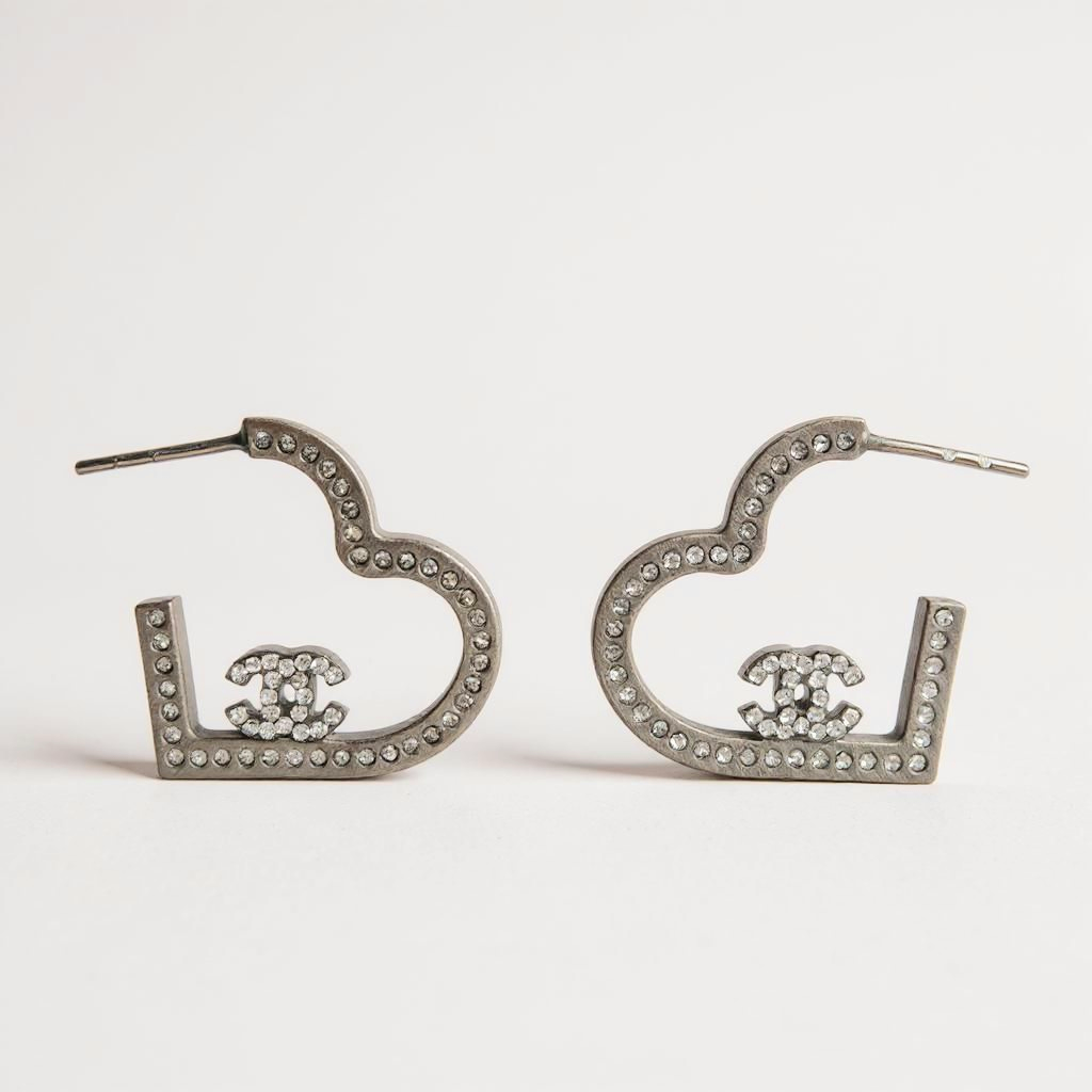 Chanel Silver Crystal Heart Hoop Earrings - with Box