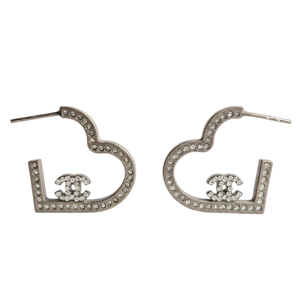 Chanel Silver Crystal Heart Hoop Earrings - with Box