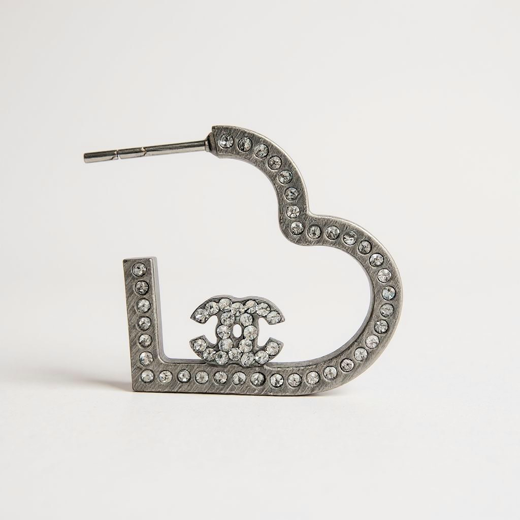 Chanel Silver Crystal Heart Hoop Earrings - with Box