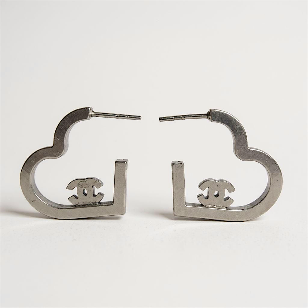 Chanel Silver Crystal Heart Hoop Earrings - with Box