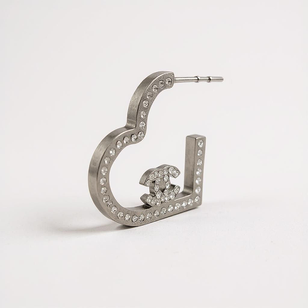 Chanel Silver Crystal Heart Hoop Earrings - with Box
