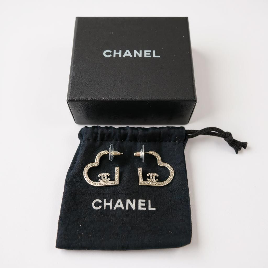 Chanel Silver Crystal Heart Hoop Earrings - with Box