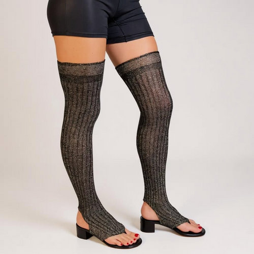 Chanel Black Gold Shimmer Thigh High Heel Sock Sandals - 36EU / 3UK / 5US