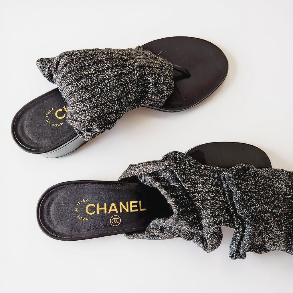 Chanel Black Gold Shimmer Thigh High Heel Sock Sandals - 36EU / 3UK / 5US