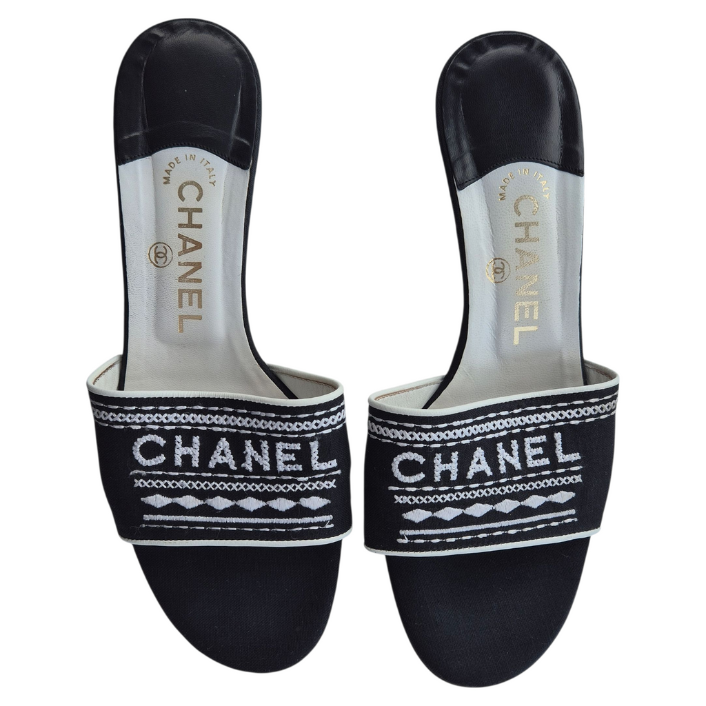 Chanel Black White Spellout Canvas Heel Sandals - 38.5EU / 5 5UK / 7.5US
