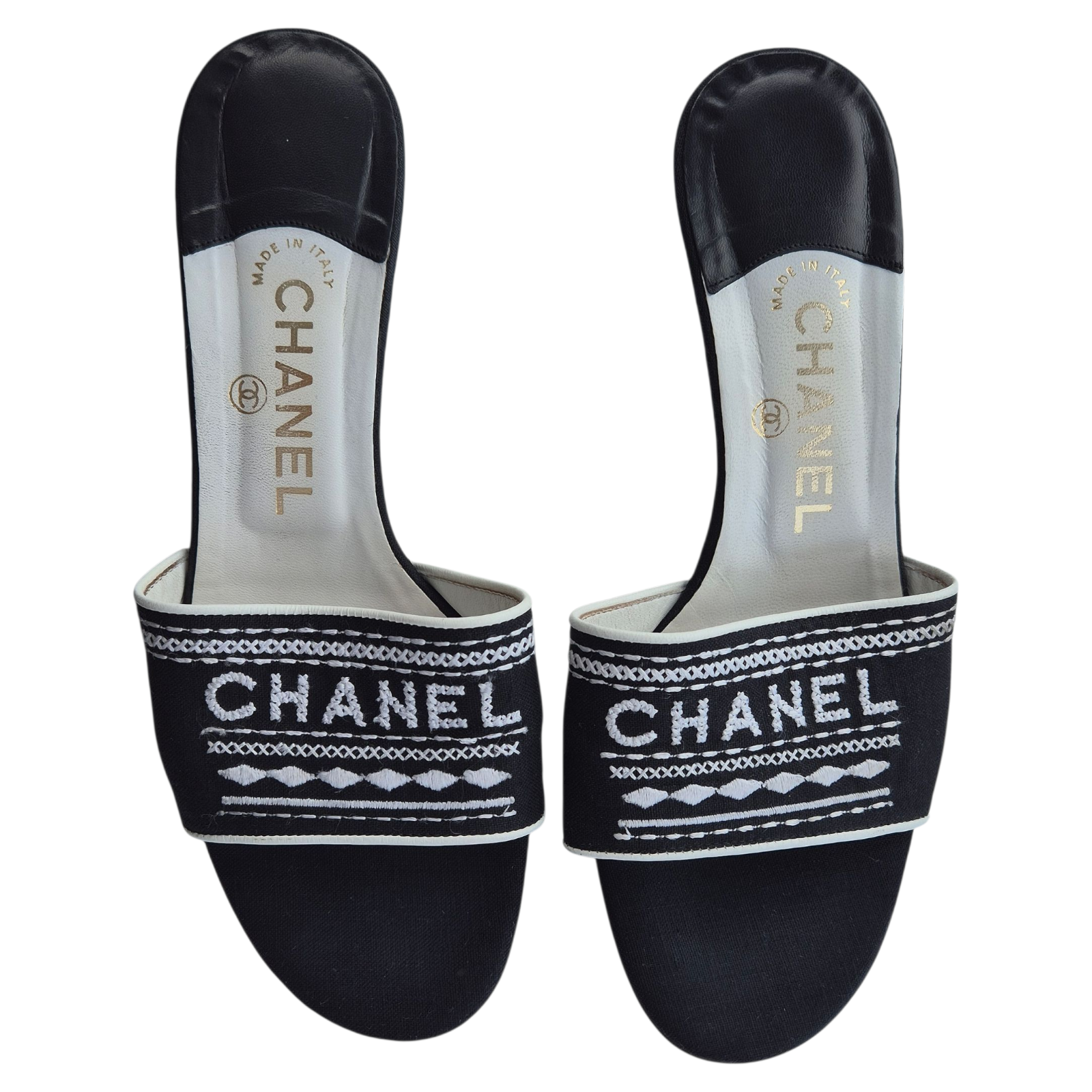 Chanel Black White Spellout Canvas Heel Sandals - 38.5EU / 5 5UK / 7.5US