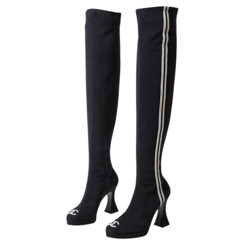 Chanel Black Stripe CC Logo Thigh High Heel Sock Sandals - 36.5EU / 3.5UK / 5.5US